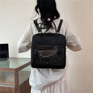 Versatile black student backpack with transparent PVC window for school and commuting