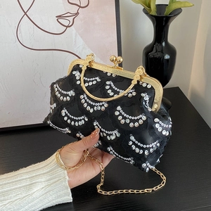 Elegant black sequin evening bag with gold metal frame and chain strap for women