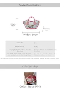 Detailed infographic showing pink dachshund bucket bag dimensions and PU leather features
