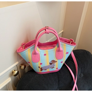 Detail of dachshund bucket bag with pink stripes and adjustable crossbody leather strap