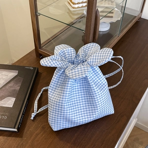 Gingham Plaid Floral Petal Bucket Bag Women Canvas Drawstring Crossbody Bag Casual Fresh Sweet Lightweight Small Purse