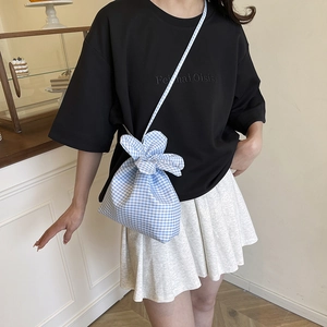 Chic blue and white checkered drawstring bucket bag with cute rabbit ear knot design