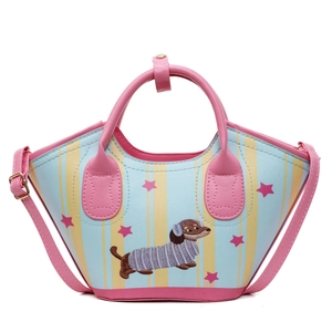 Blue and yellow striped dachshund bucket bag with pink stars and adjustable strap
