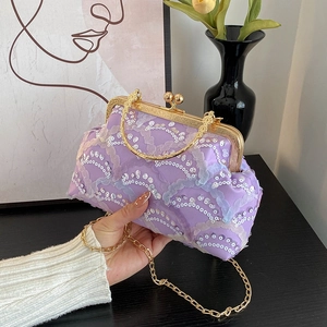 Borsa da Sera in Rete con Paillettes Vintage Francese da Donna Elegante Borsa a Mano in Pizzo con Manico in Metallo Oro
