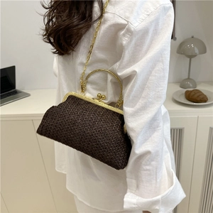 Vintage dark brown woven straw shell bag with golden metal handle and chain strap