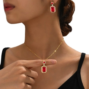 Fashionable gold-plated copper jewelry set with rectangle ruby gemstones and zirconia
