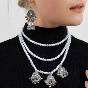 Vintage Bohemian Multi Layer Artificial Pearl Necklace And Alloy Rhinestone Bell Jhumka Earrings For Women Jewelry