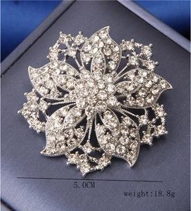 Detailed size view of silver floral brooch with crystals, diameter 5.0cm and weight 18.8g