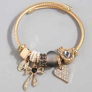 Bracciale Con Ciondoli Bangle A Filo Spirale Pendente Cuore Fiocco Lega Di Zinco Acciaio Inossidabile Strass Cristallo Gioielli