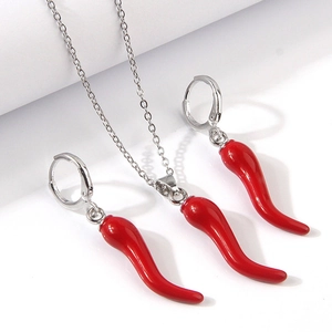 Red Chili Pepper Pendant Necklace And Hoop Earrings Jewelry Copper Alloy Enamel Trendy Fruit Theme Personalized Style For Women