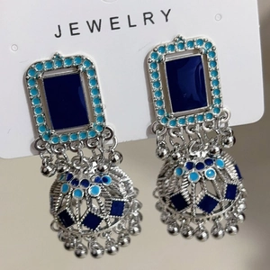 Ethnic bohemian silver drop earrings with blue enamel square studs and jhumka bells
