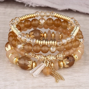 Bohemian Multilayer Beaded Bracelets With Resin Glass Beads Alloy Tassel Pendant Jewelry For Women Brown