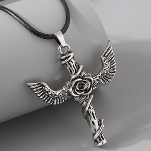 Gothic Vintage Cross Pendant Necklace With Wings And Rose Zinc Alloy Relief Jewelry For Men Women