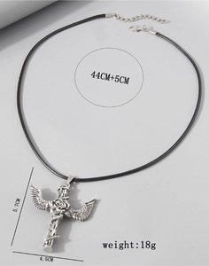 Detailed view of Gothic cross pendant with wings and rose, including size measurements