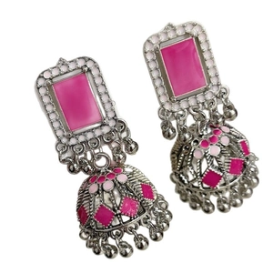 Middle Eastern style retro silver earrings with pink rectangular stones and bell pendants