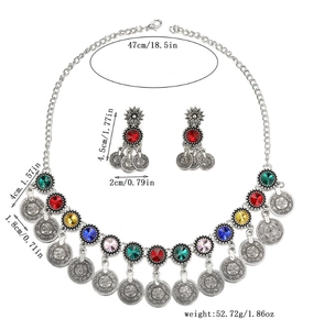 Detailed size measurement chart of vintage coin pendant necklace and earring jewelry set