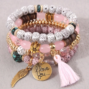 Bohemian Multilayer Beaded Bracelet Alloy Wings Tassel Heart Round Plate Charms Ethnic Jewelry For Women