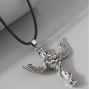 Retro gothic cross necklace with rose wings pendant and black woven cord for men