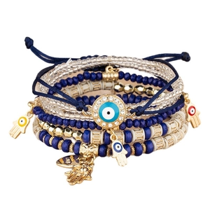Multi-layer stackable evil eye bracelet set with Hamsa hand and Love heart pendants
