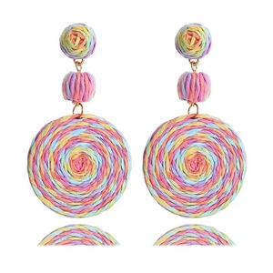 Bohemian style rainbow woven round dangle earrings for women in colorful raffia design