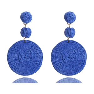 Bohemian blue raffia tiered round drop earrings with three-layer woven circular design