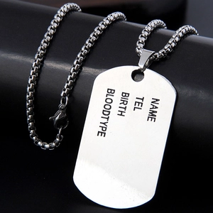 Military Dog Tag Necklace Stainless Steel Polished Rectangle Pendant Engraved Information Bar Men Women Jewelry