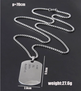 Polished stainless steel dog tag necklace with dimensions and 70cm ball chain