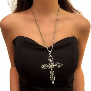 Vintage Gothic Cross Pendant Necklace Alloy Rhinestone Exaggerated Hollow Baroque Long Chain Jewelry For Women Men