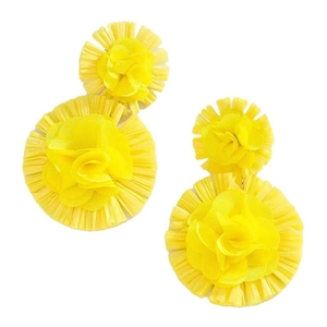 Bohemian style bright yellow floral drop earrings with woven raffia and fabric flower petals