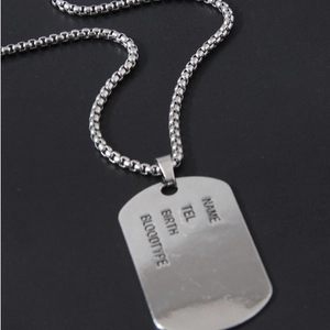 Polished stainless steel shield dog tag necklace with custom ID engraving and box chain
