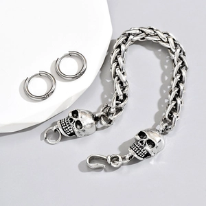 Men Titanium Steel Jewelry Bracelet And Hoop Earrings Gothic Retro Skull Heavy Chain Industrial Punk Style Silver Color