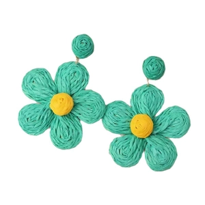 Bohemian teal woven petal drop earrings with yellow center in floral style