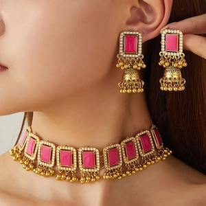 Vintage Ethnic Middle Eastern Style Zinc Alloy Geometric Square Necklace And Jhumka Bell Fringe Earrings Jewelry For Women