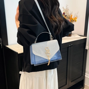 Modern sky blue transparent crossbody bag with silver glitter flap and gold S-buckle