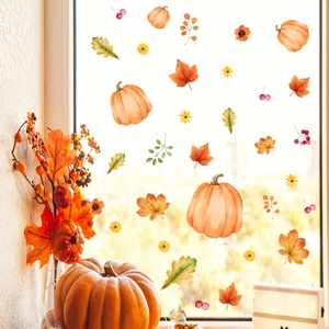 Herbstliche Fensterbilder mit Aquarell-Kürbissen, Ahornblättern und Sonnenblumen für die Deko