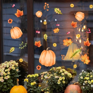 Herbstliche Fensterbilder mit Aquarell-Kürbissen, Ahornblättern und Sonnenblumen