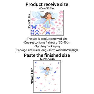 Cartoon fairy wall decals showing product dimensions and finished application size