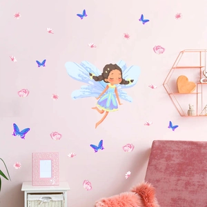 Cartoon fairy wall sticker set with blue butterflies and pink roses for kids room decor