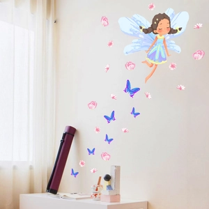 Cartoon fairy wall sticker with blue butterflies and pink flowers for kids room decor