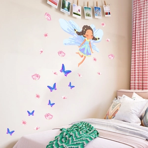 Cartoon fairy wall sticker set with blue butterflies and pink flowers for kids room decor