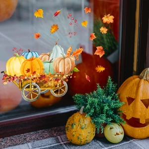 Autumn static window clings featuring watercolor pumpkins in a vintage wooden cart with maple leaves