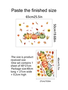 Size guide for autumn pumpkin sunflower wall stickers showing 65x50cm finished dimensions