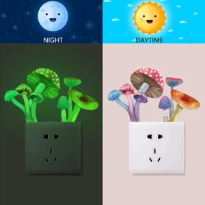 Luminous mushroom wall stickers showing green glow at night and colorful daytime decor