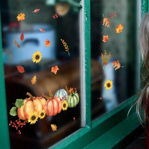 Detaillierte herbstliche Fensterbilder mit Kürbis und Sonnenblume in Aquarell-Optik