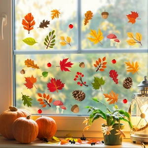 Herbst-Fensterbilder-Set mit Ahornblättern, Zapfen und Pilzen für Glasdekoration im Haus