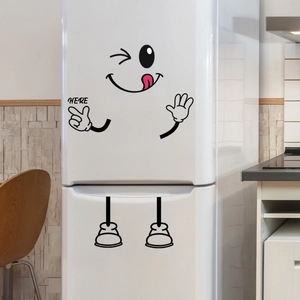 Funny cartoon face wall sticker for fridge decoration with winking expression and here text