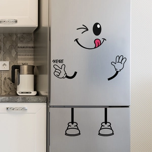 Funny cartoon expression wall sticker with HERE text on silver metal refrigerator
