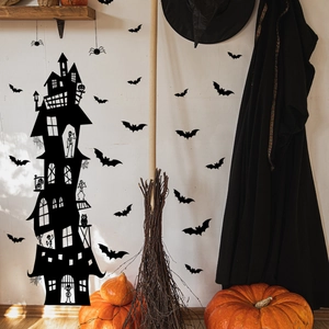 Halloween bat castle wall sticker set with silhouette castle and bats for home decoration