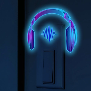 Luminous headphone wall sticker with blue-purple neon light effect for gaming room decor