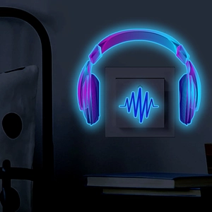 Luminous headphone wall sticker with neon blue and purple LED glow for gaming room decor